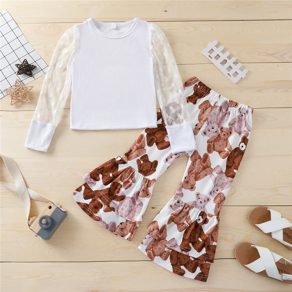 

ZAFILLE Spring Girls Baby Set Lace Sleeve Top+Bear Printed Bell Bottom Pants 2022 Fashion Kids Toddler Costume Cute Girls Suits