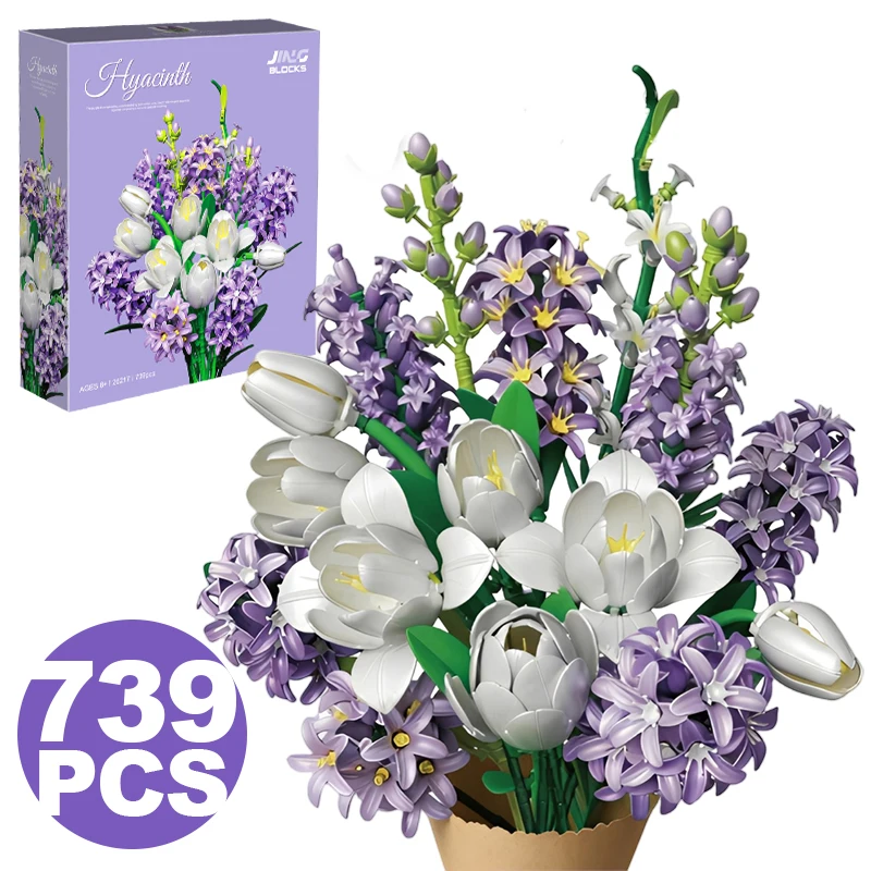 창의적인 739피스 화이트 튤립 부케 빌딩 블록, 보라색 불멸의 꽃, 집 책상 장..