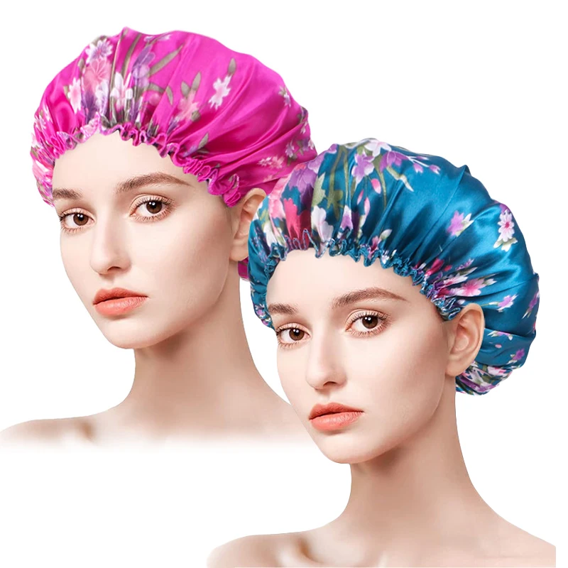 2PCS/LOT Satin Printed Bonnets Women Fashion Countryside Nightcap Flower Edge Home Cap Elastic Beauty And Hair Care Make Up Hat make up organizer box 360 degree rotation cosmetic organizer transparent fashion spin multi function detachable makeup bag