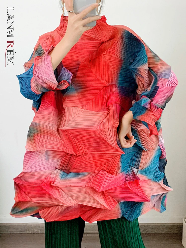 

LANMREM 2023 Spring Thin Pleated T-shirt For Women Stand Collar Long Sleeves Loose Tops Casual Female Clothing New Tide 2YA703