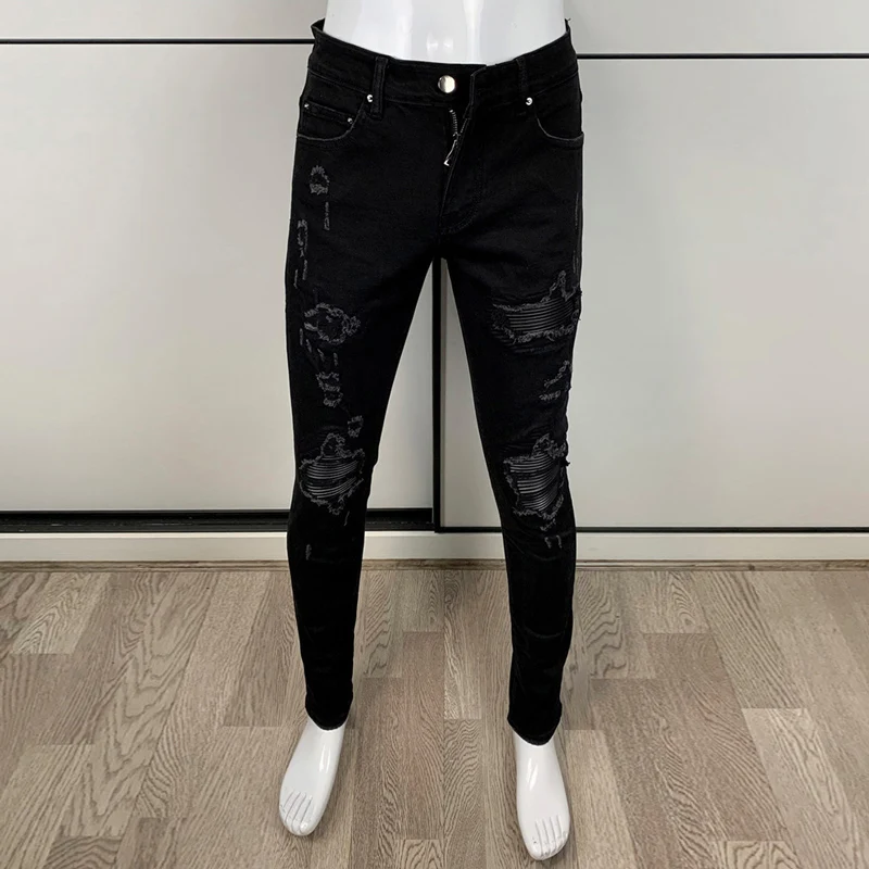 Street Fashion Men Jeans Black Stretch Skinny Fit Ripped Jeans Men Punk Trousers Leather Patched Designer Hip Hop Brand Pants