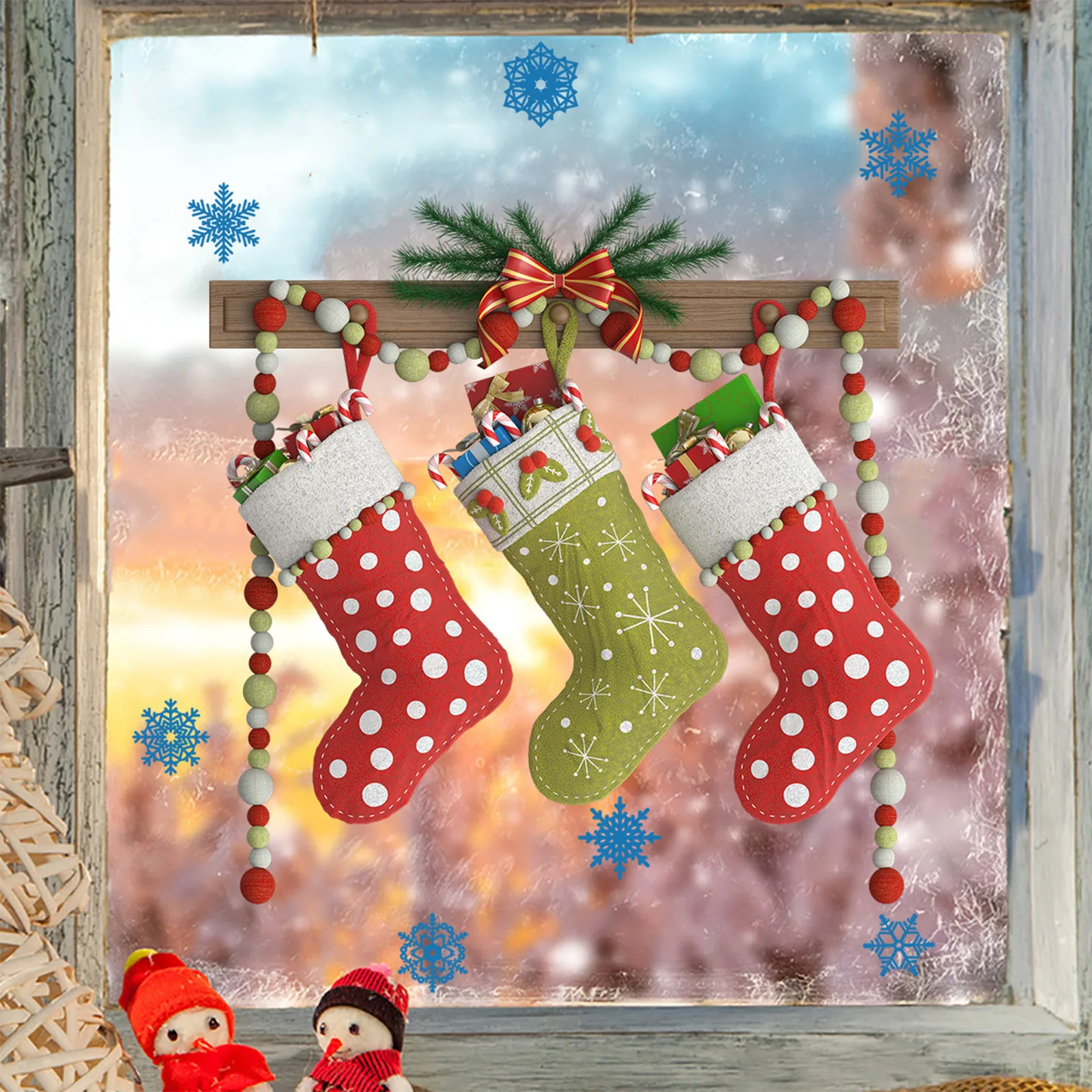

Hot Sale Cartoon Big Sock Full Of Gifts Christmas Party Beaded Snowflake Pattern Wall Glass Stickers Locker Decorations For Home