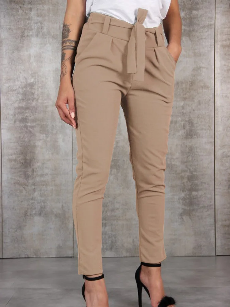 Women High Waist Slim Solid Trousers Cotton Polyester
