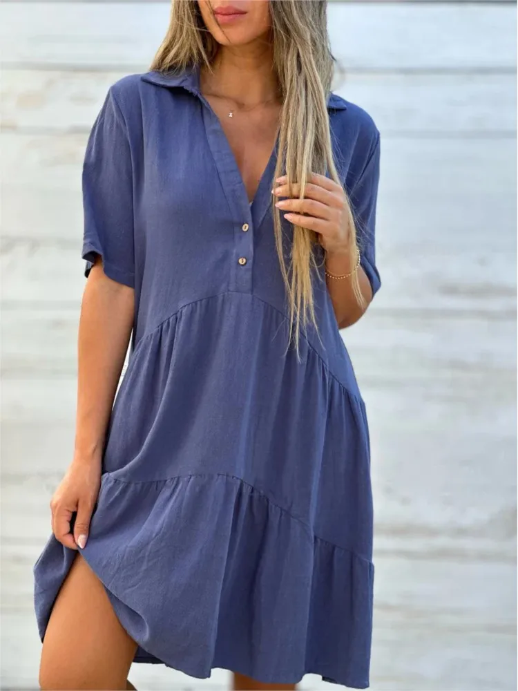 

Платье-рубашка женское средней длины с коротким рукавом, повседневный свободный однотонный пляжный сарафан-трапеция в стиле бохо, простая винтажная одежда в стиле пэчворк, на лето