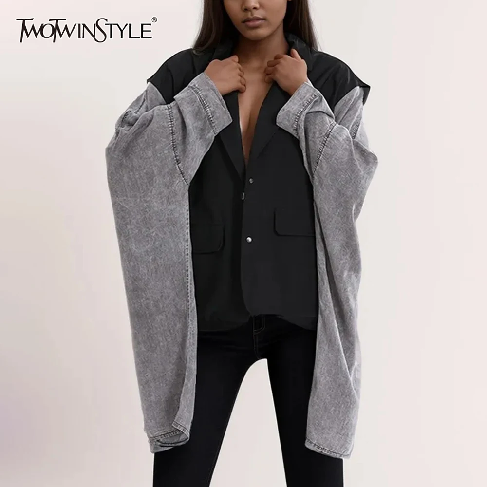 Solid Slimming Spliced Single Breasted Coat for Women Lapel Long Sleeves Patchwork Lace Up Top Female Clothing New