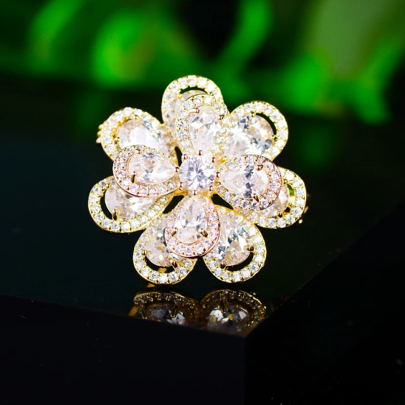 2023 Fashion Double Flower Elegant Atmosphere Colorful Zircon Floral Broochpins Clothing Pin Suit for Woman Accessories Ornament