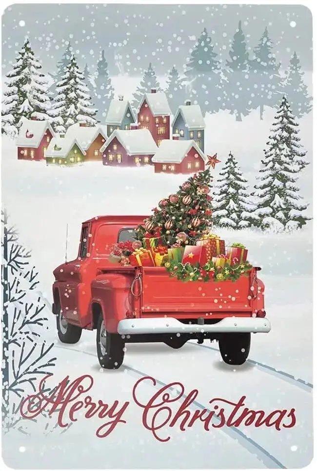 

Stevenca Merry Christmas Trees Metal Tin Sign Red Truck Xmas Sign Plaque Christmas Party Wall Decor Art Iron Vintage