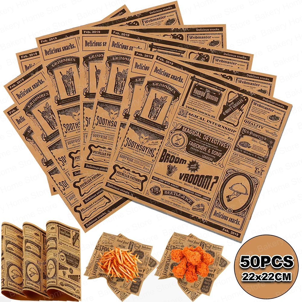 50PCS Deli Paper Sheets 22x22CM Greaseproof Newsprint Vintage Craft Paper Baking Mat Food Picnic for Party BBQ Restaurant