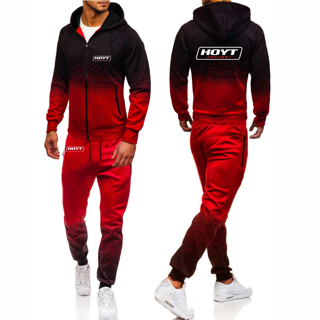 Hoyt Archery 2023 Men New Stly Fashion Comfortable Casual Gradient Color Set Hoodies Zipper Tops+Pants Two-Pieces Suits
