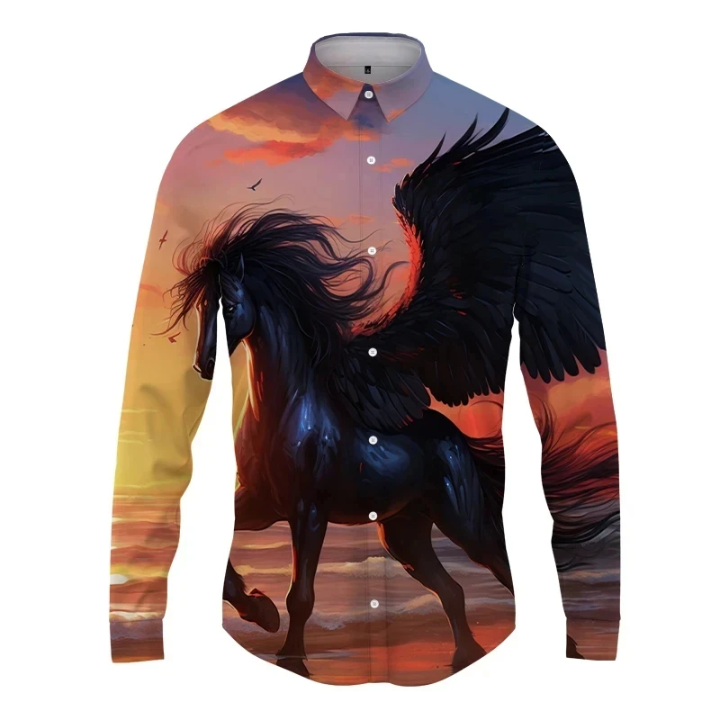 thumbnail image 1 of Camisas con estampado 3D de caballos para hombre, blusa informal de manga larga con botones, ropa de calle, camisa de playa de gran tamaño para hombre, 1 of 5