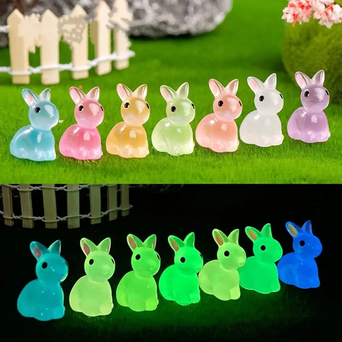 

100PCS Luminous Rabbit Figurines Glow in The Dark Bunny Figure Ornaments Moss Micro-Landscape Resin Craft Easter Party Decorate