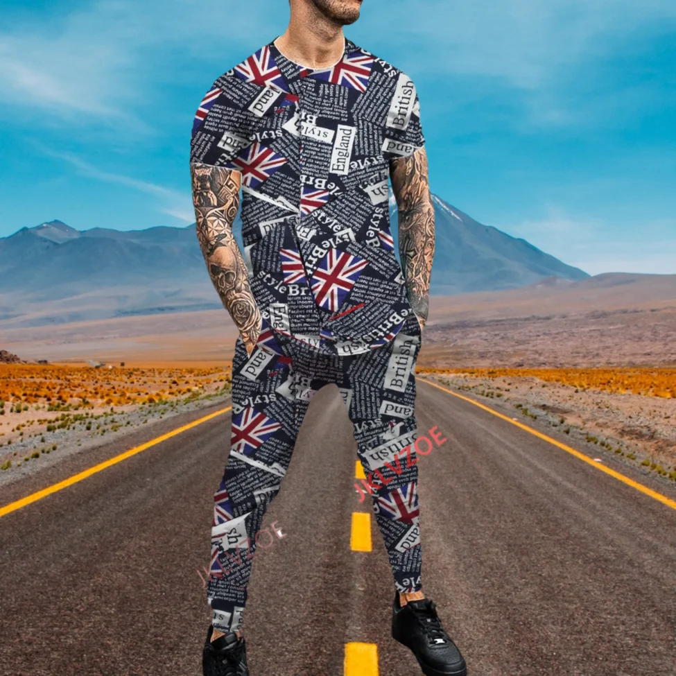 2023 Summer Men's Casual Sports Suit 2-piece Smile Printed T-shirt + Trousers Jogging Suit Fashion Street Short Sleeve Pants