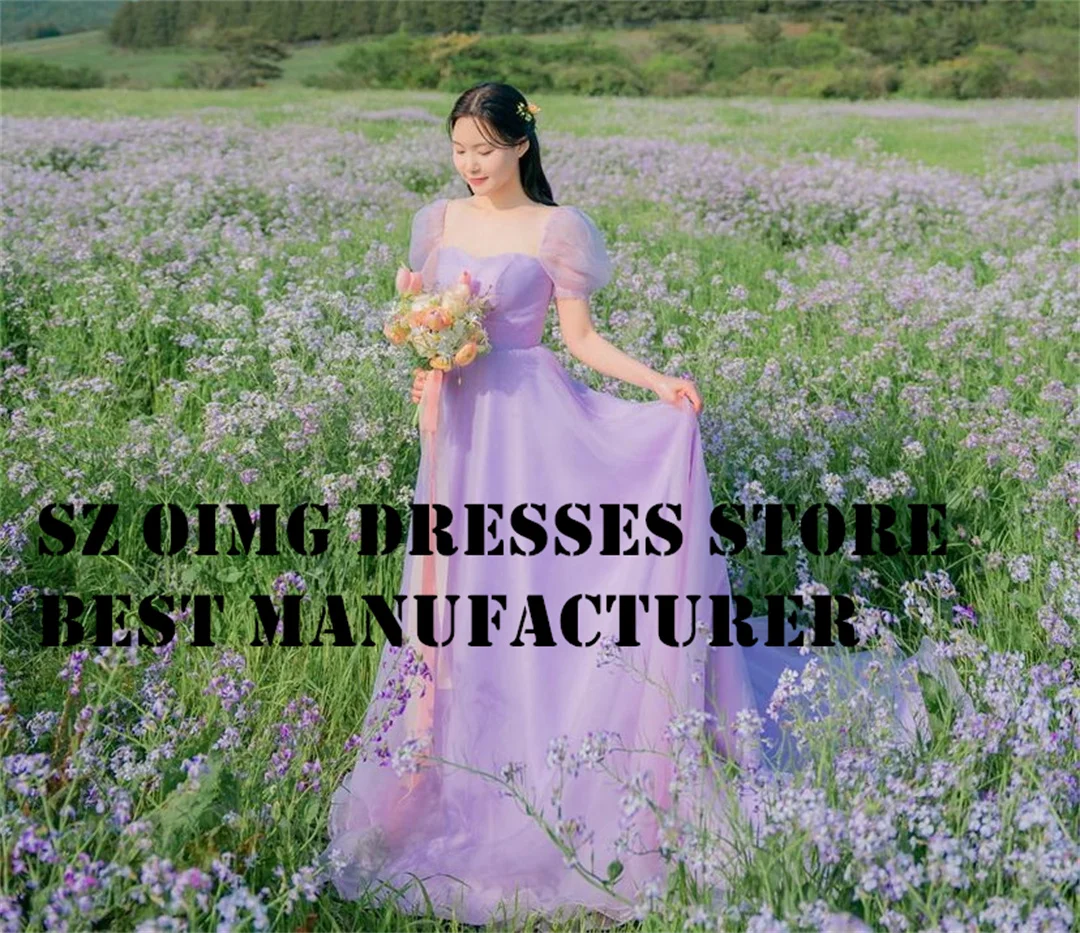 

OIMG Korea A-Line Purple Prom Maxi Dresses Ruched Puff Sleeves Corset Sweetheart Tulle Evening Gowns Formal Party Dress