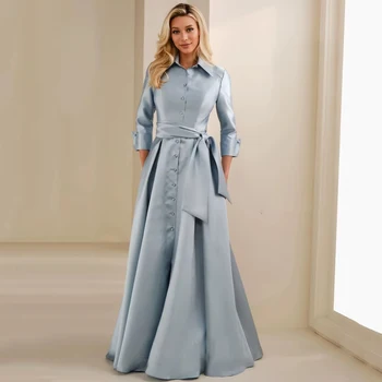 Abito personalizzato per la madre della sposa Abito formale con bottoni Maniche lunghe Abito a linea con cintura Abiti da festa di nozze Vestido