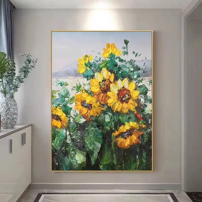 

100% Handmade Abstract Yellow Sunflower Knife Oil Painting On Canvas Living Room Sofa Home Decor Wall Art Hanging Mural Unframed