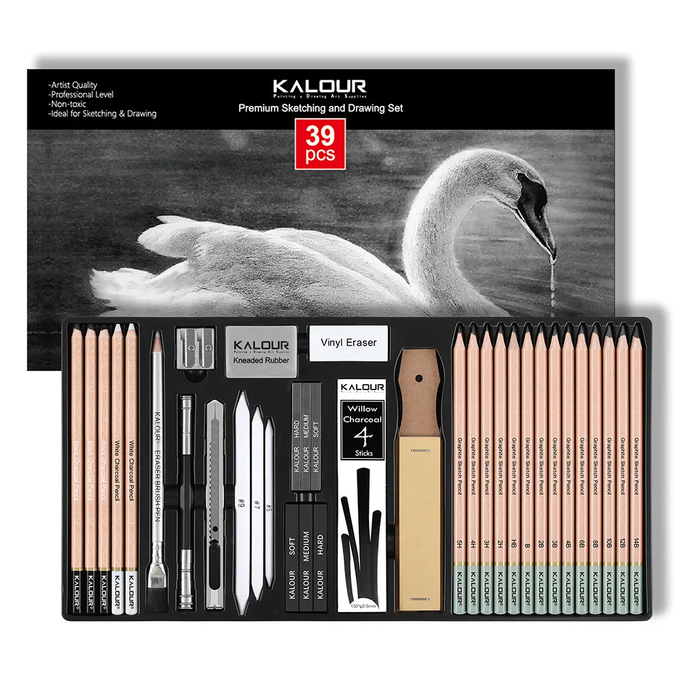KALOUR 25/39 스케치 연필 세트, 부드럽고 깨지지 않는 흑연심 및 필수 도구 포함, 원활한 스케칭, 쉐이딩, 블렌딩용