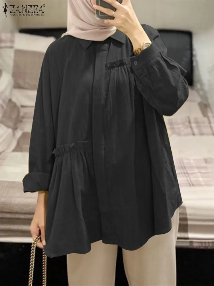

ZANZEA Fashion Ruffles Muslim Blouse Woman Casual Turkey Tops Vintage Solid Blusas Mujer Female Elegant Eid Mubarek Chemise 2023