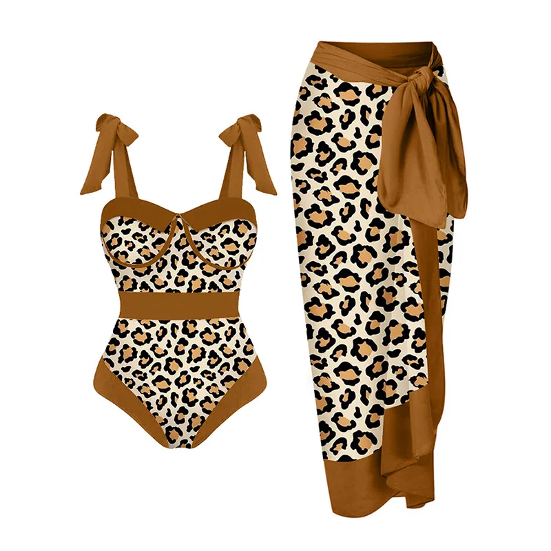 

Vintage Women One Piece Swimsuit & Skirt Cover Up Beach Dress Luxury Bikini Sexy Swimwear Leopard Bathing Suit Summer Surf Wear