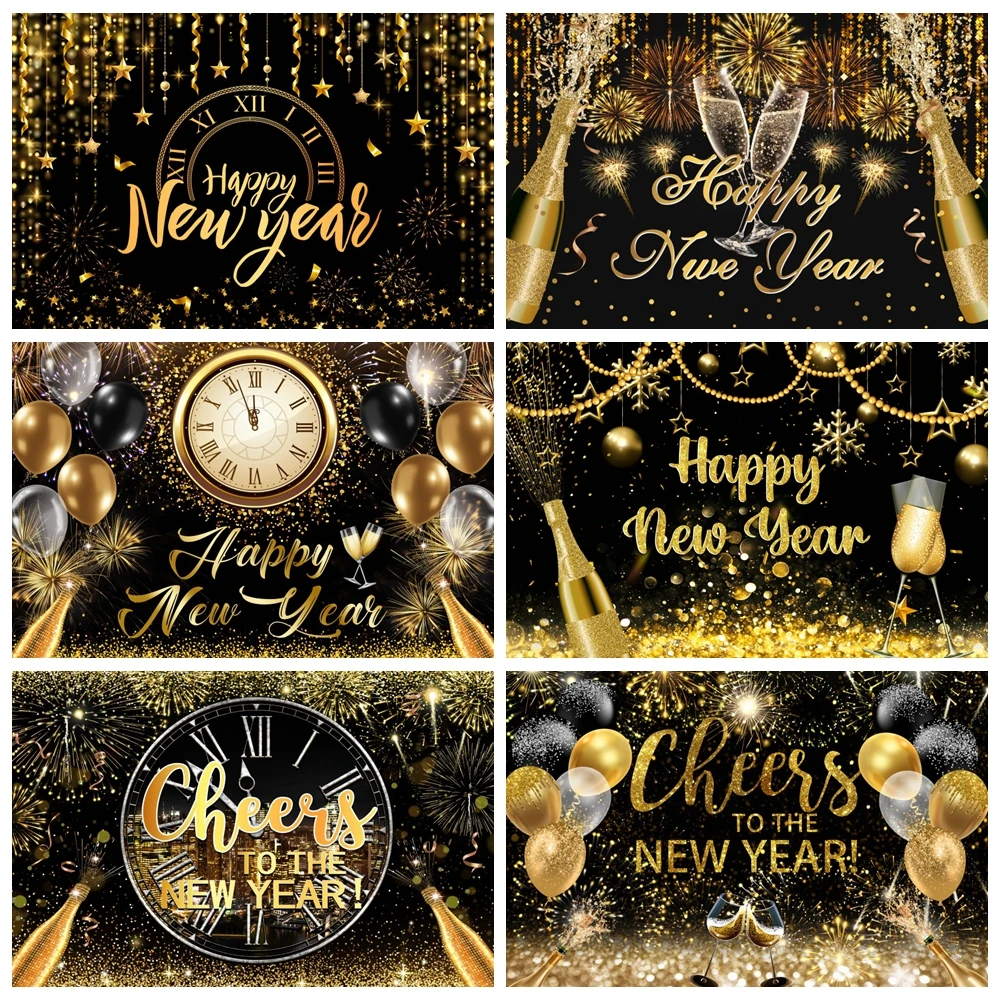 

2024 Happy New Year Photography Backdrops Golden Glitter Fireworks Balloons Baby Portrait Family Party Decor Photo Background