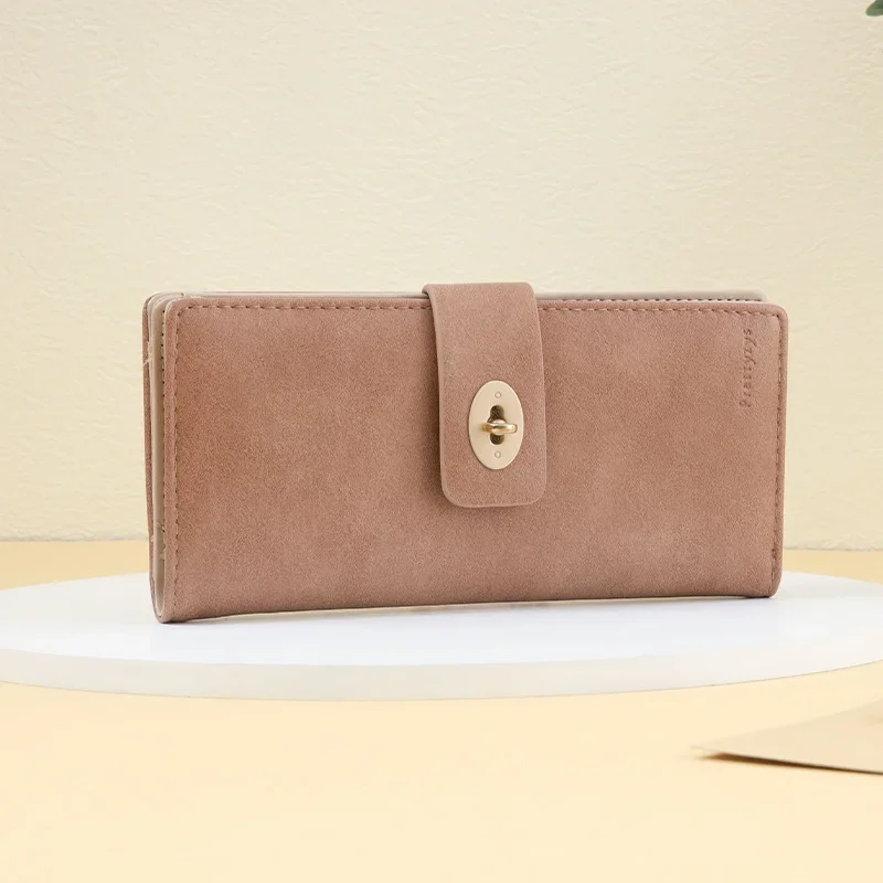 

Women Long Design Solid Color Wallet Female Fashion Lock Hasp Coin Purses Ladies Nubuck Leather Fold High Capacity Money Clip