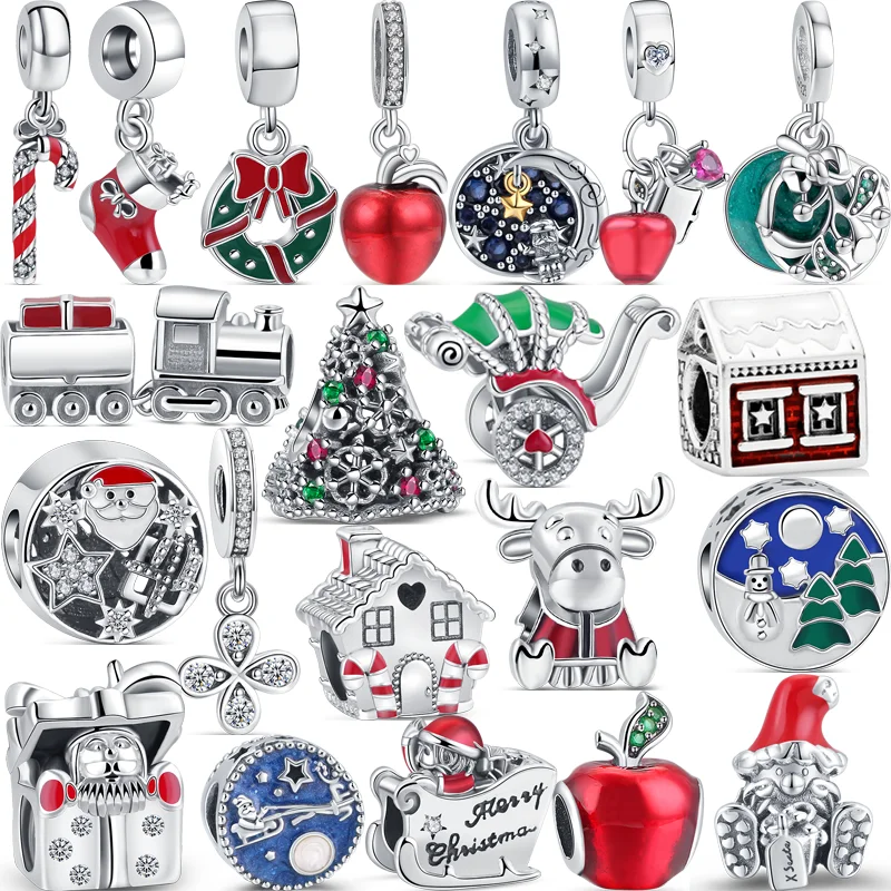 

925 Sterling Silver Apple Santa Claus Tree Elk House Winter Bead Fit Original Pandora Charms Bracelet Christmas DIY Jewelry