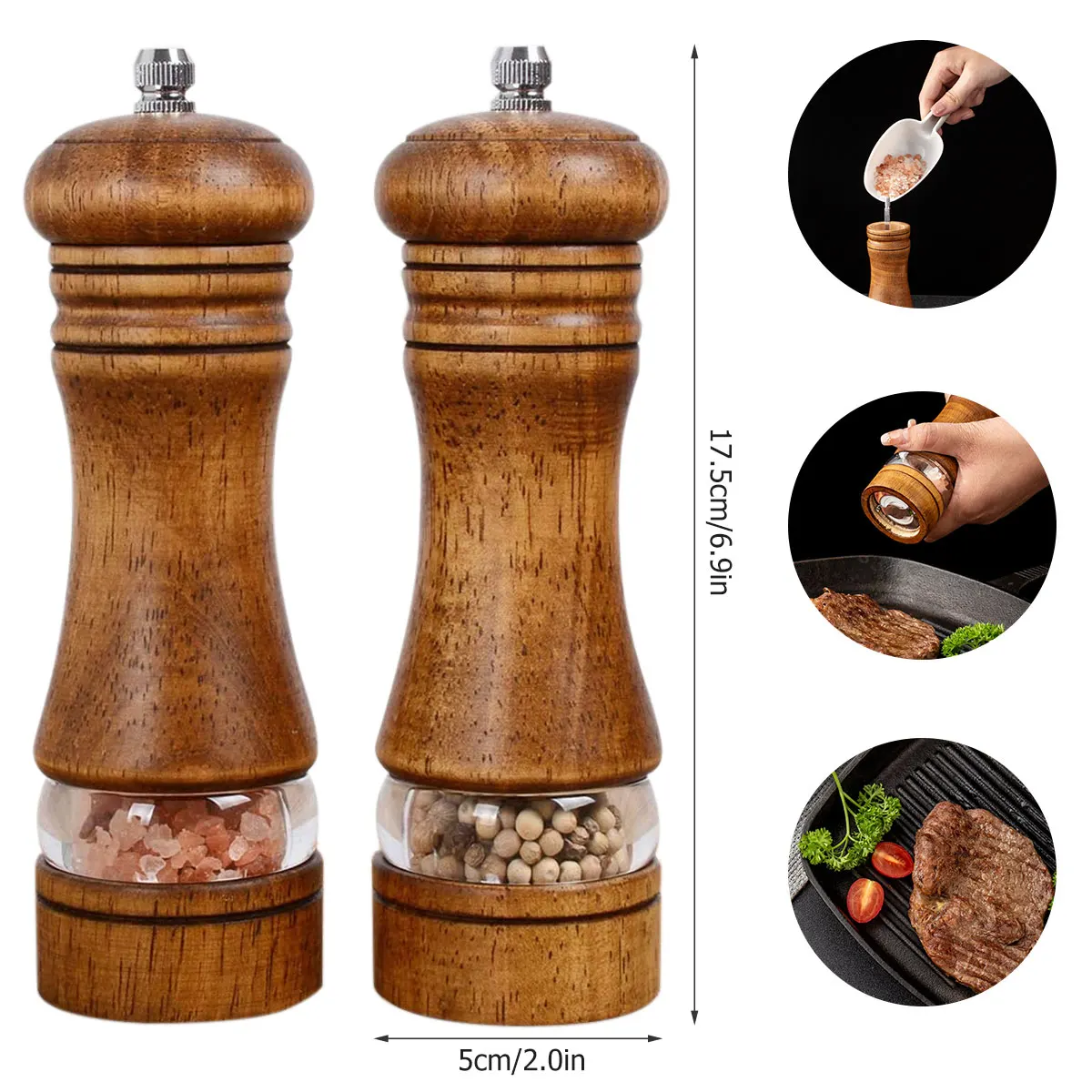 2Pcs Pepper Grinder Wooden with Ceramic Grinding Cores Coarseness Adjustable Manual Spice Grinder Multifunctional for Kitchen salt and pepper grinder nut spice grinder pepper grinder herb spice grinder