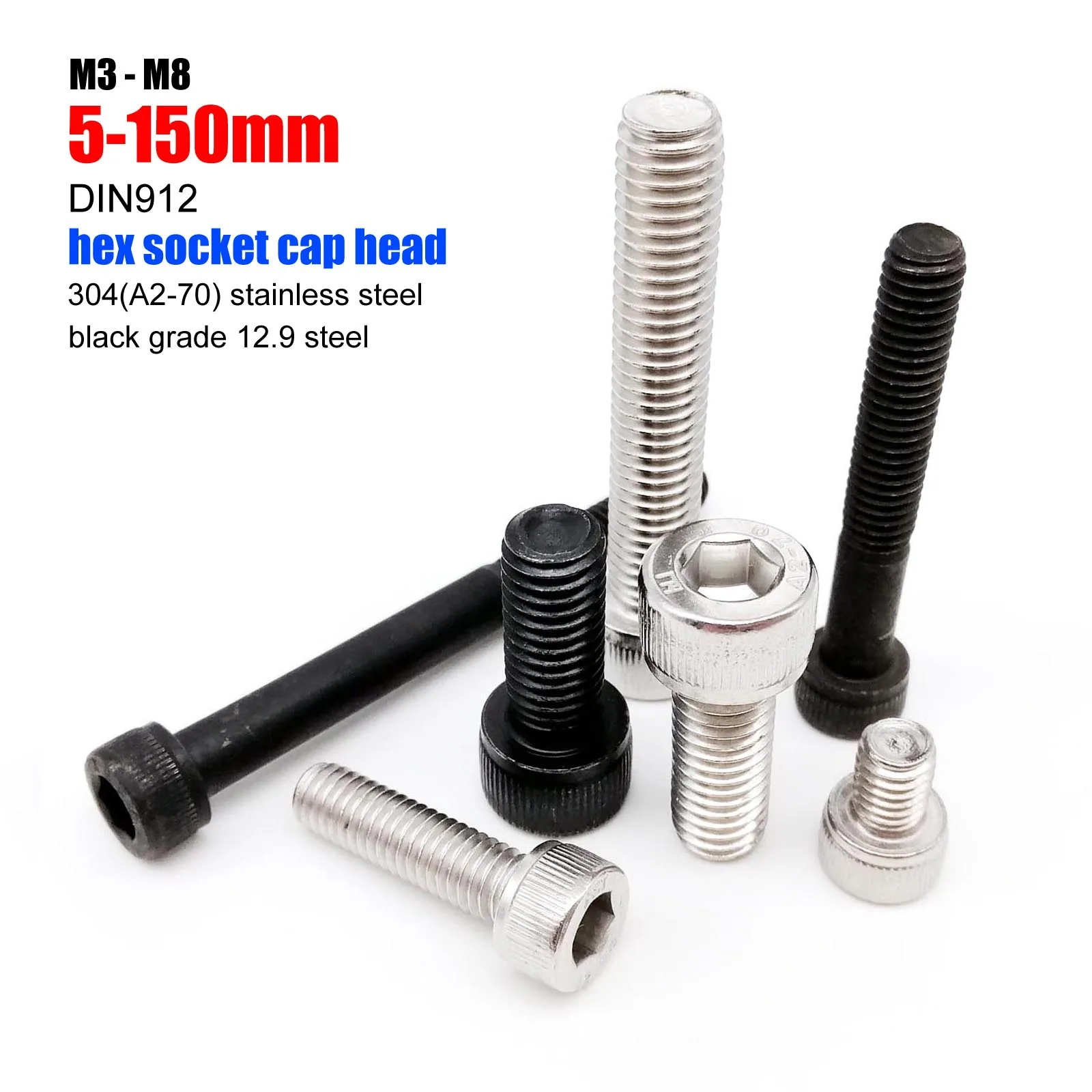 Stainless Steel Screw 10pcs M3 M4 M5 M6 M8 304 A2 grade 12.9 DIN912 Hexagon Hex Socket Head Cap Allen L=5-150mm