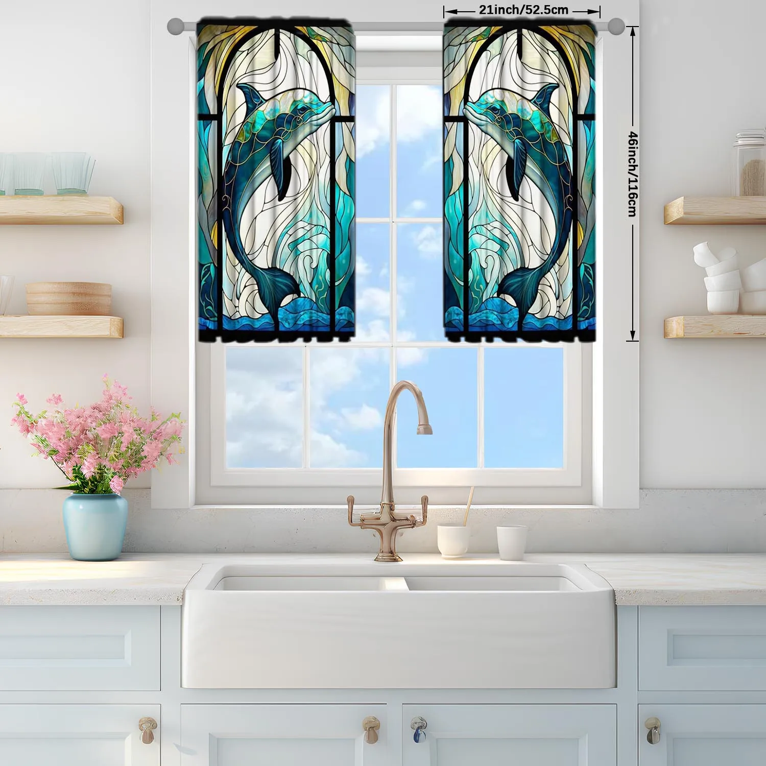 2-Panels Stained Glass Dolphin Decorative Curtains, Semi Transparent Without Lining, Durable Polyester Fiber Curtains 3