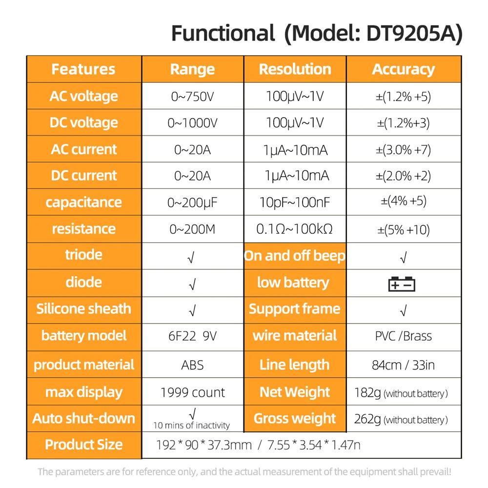 DT9205A Digital Multimeter 1000V 10A Current Voltage Meter hFE Ohm Capacitance Continuity Diode DMM Tester Electrician Tools