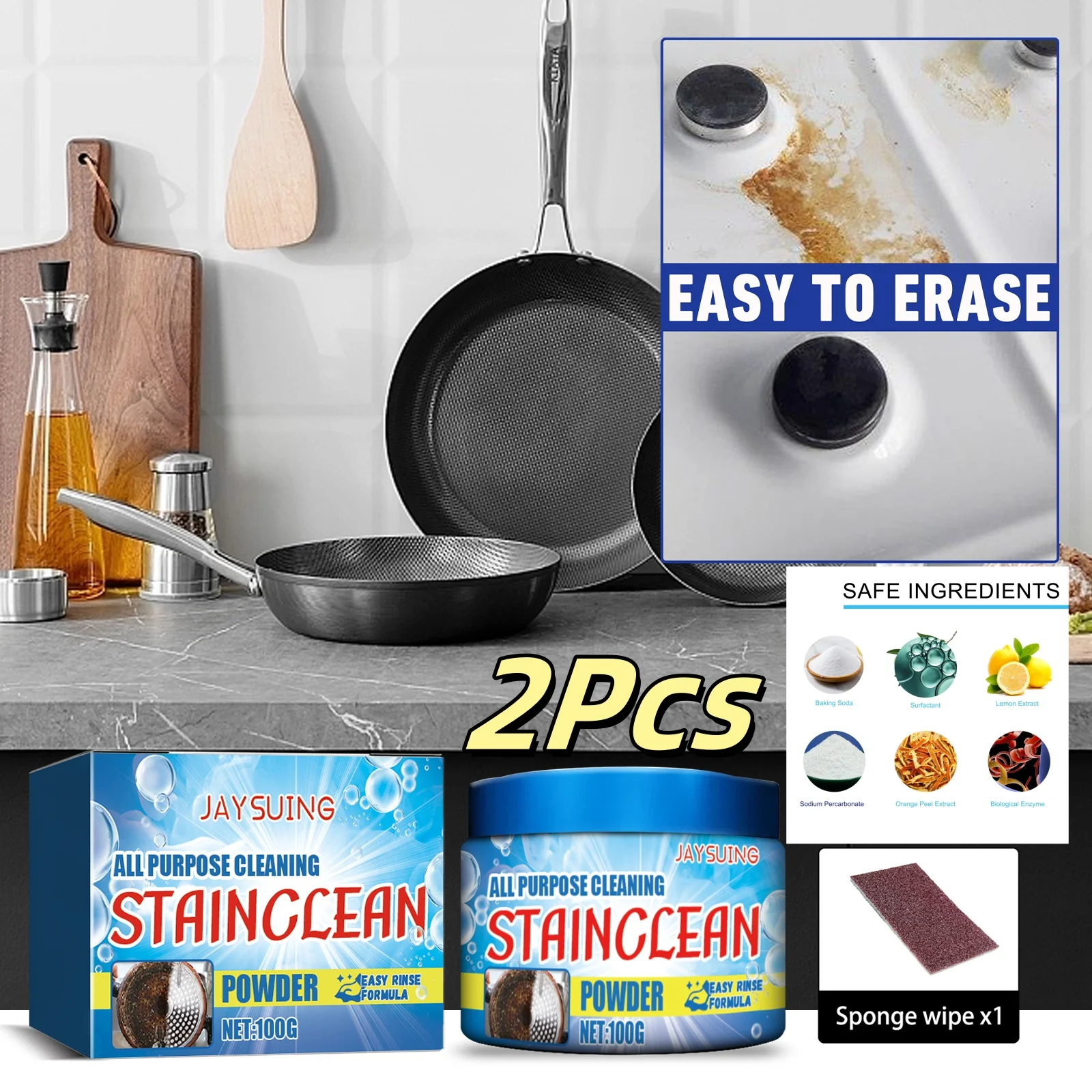 2Pcs Kitchen Cleaning Powder To Remove Strong Heavy Dirt Oil Polishing Metal Strong Cleaning Cookware Universal Powder