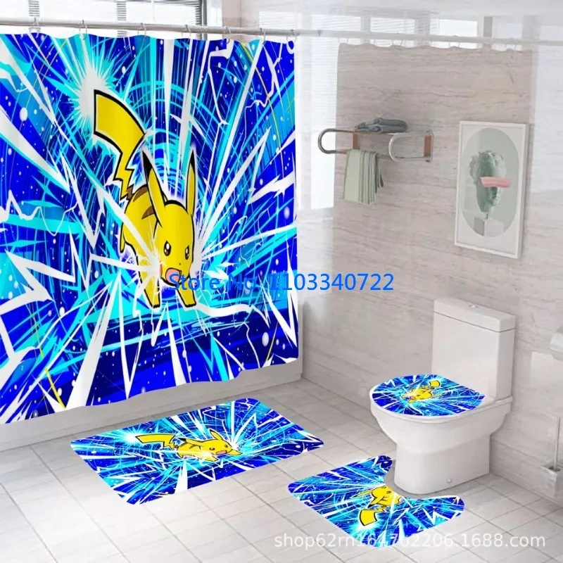 

Pokemon Four-piece Set Pokémon Shower Curtain Set 4pcs with Hooks Cartoon Decor Waterproof Bathroom Toilet Mat Lid