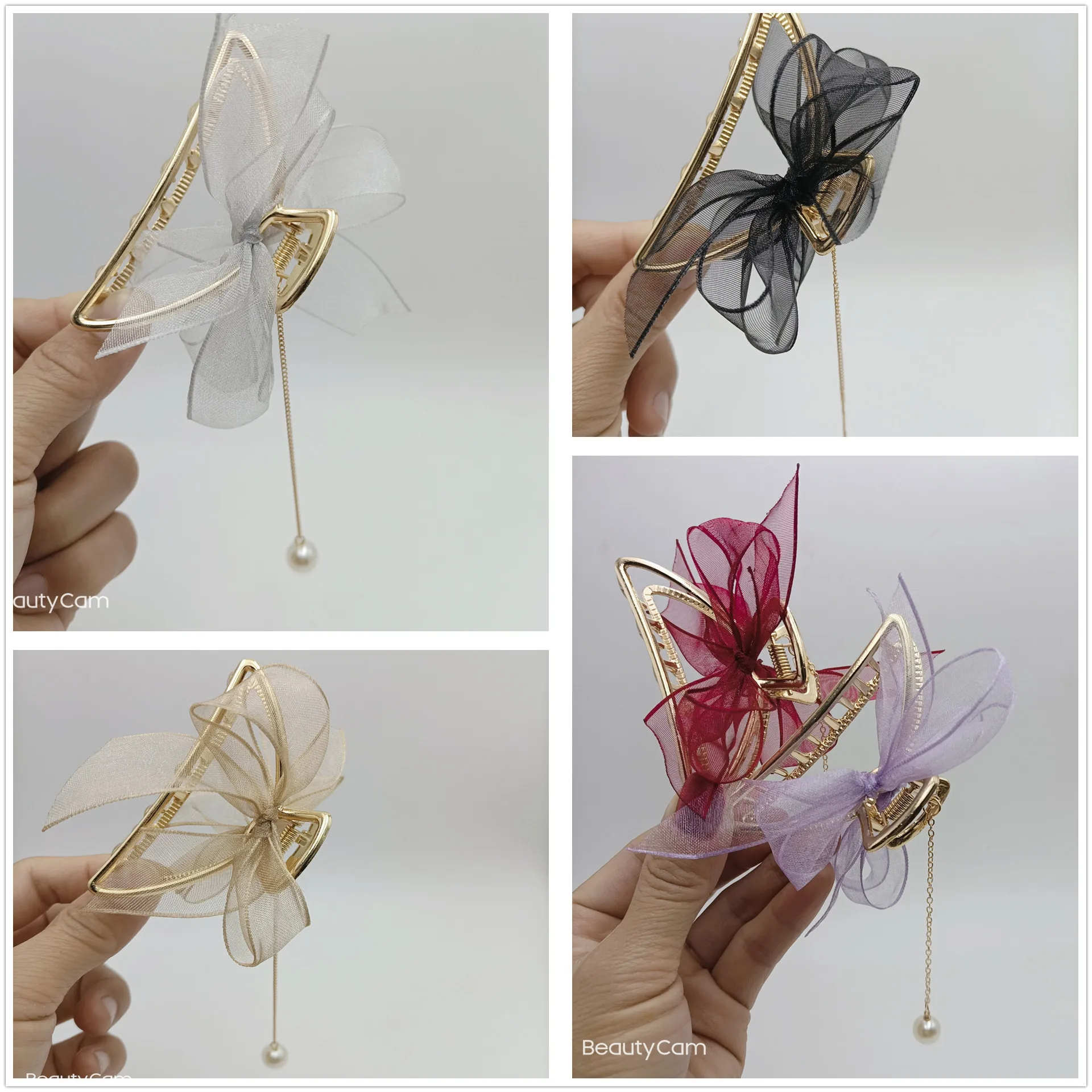 

Fashion Pearl Ribbon Bowknot Temperament Ribbon Pearl Pendant Tassel Hair Claw Hair Ornament Metal Claw Hair Ornament 2023