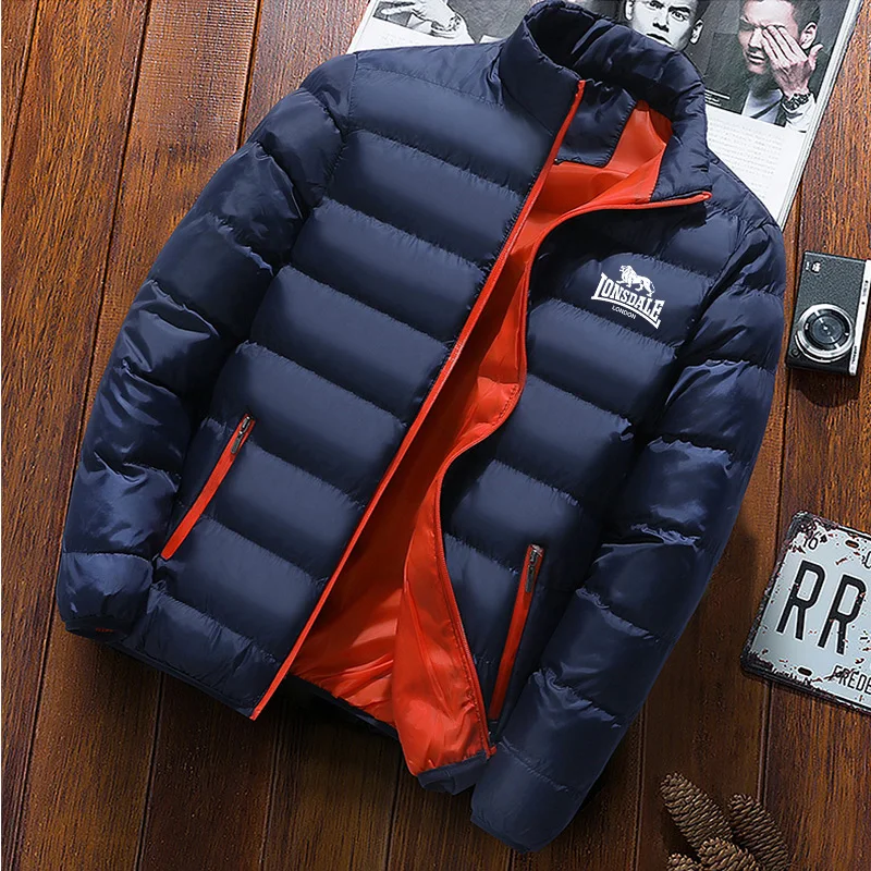 

2024 trendy and versatile new warm parka winter casual men's jacket solid color standing collar men's windproof cotton filled do