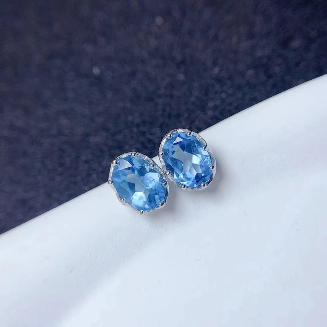 

Allergy Free 925 Silver Light Blue Topaz Stud Earrings 6*8mm Total 1.4ct Natural Topaz Earrings with 3 Layers 18K Gold Plating