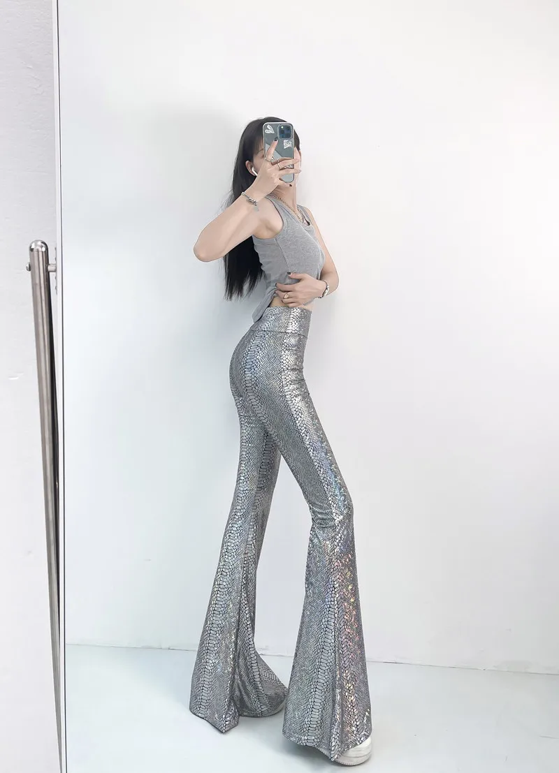 SALIENCY Silver Snake Skin Pattern Flared Pants Women High Waist Slim Sexy Stretch Wide Leg Trousers Party Clubwear