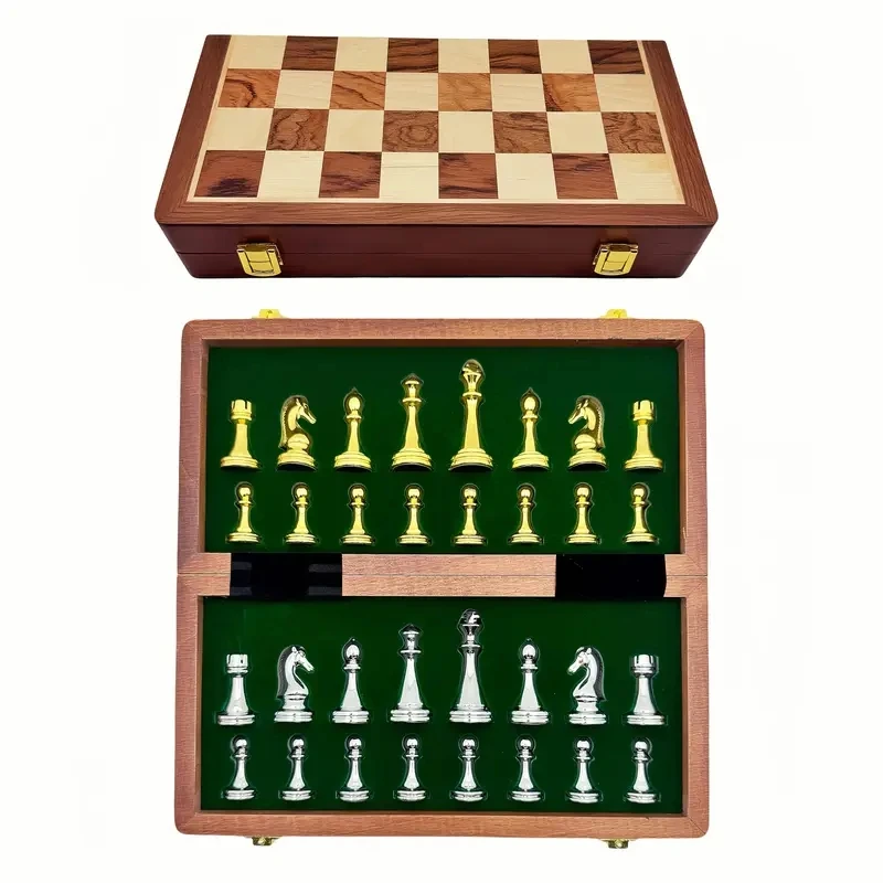 고급 나무 체커보드 세트 30cm/11.8인치 휴대용 접이식, 무게감 있는 아연 합금 조각 포함, 다양한 명절 선물로 이상적