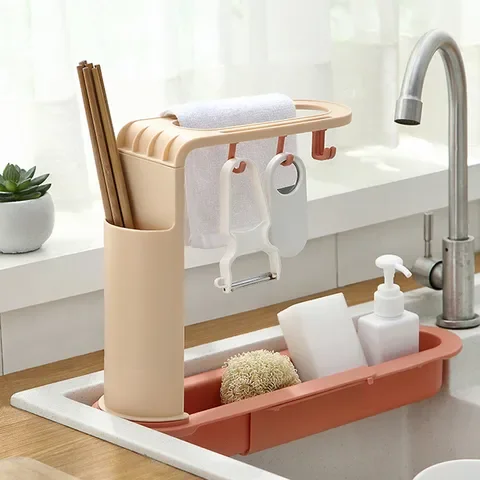 

Adjustable Telescopic Sink Shelf with Hook Kitchen Sinks Organizer Soap Sponge Towel Holder Drain Rack Kitchen Accessories