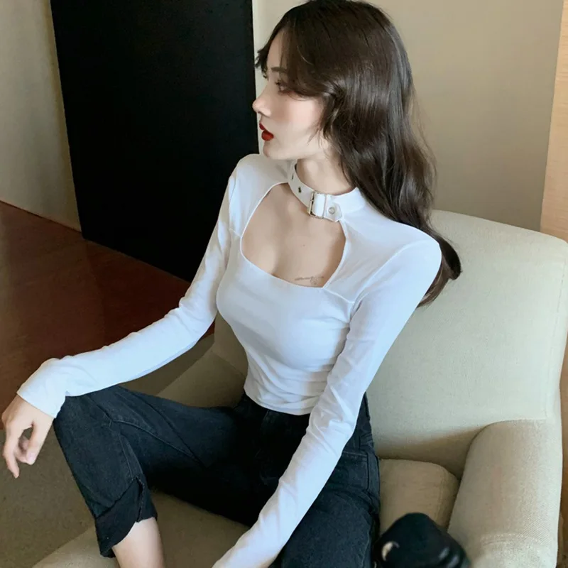 Camiseta Corta De Manga Larga Para Mujer - Diseño Y2K, Cuello Alto, Un Hombro, Ajustada Y Elástica