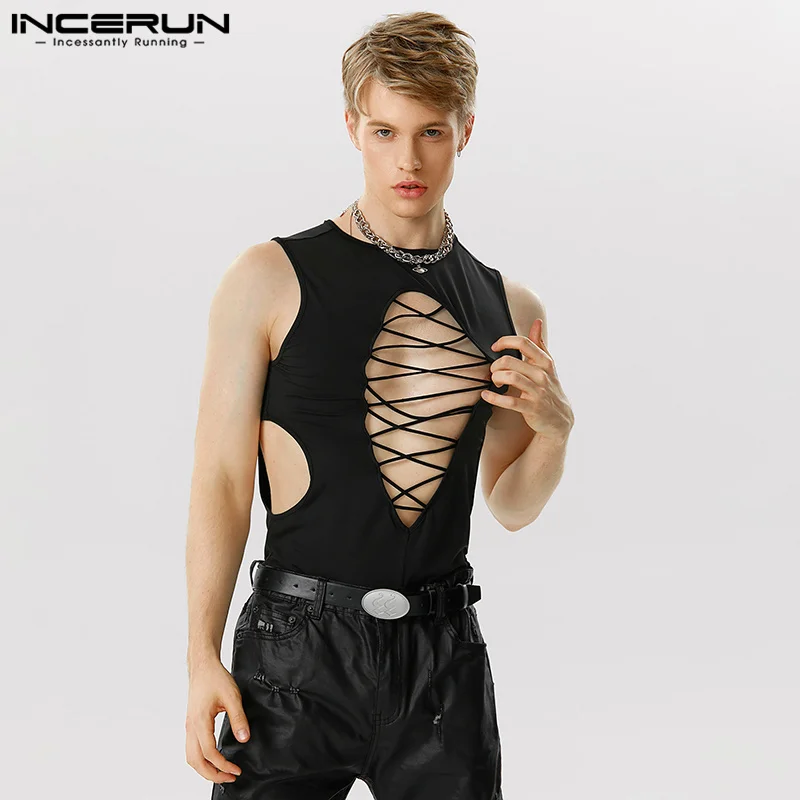 

Fashion Well Fitting Homewear INCERUN Men's Fur Cross Design Rompers Male Solid Hollow Tight Triangle Sleeveless Bodysuits S-5XL