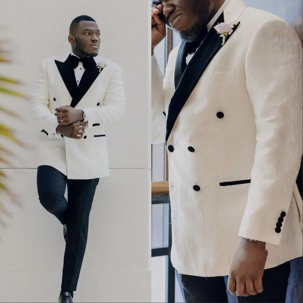 

White Groom Suits For Wedding Clothing Black Collar Men Birthday Party Formal Outfits Sets Attire (Jacket +Pants+Bowtie)