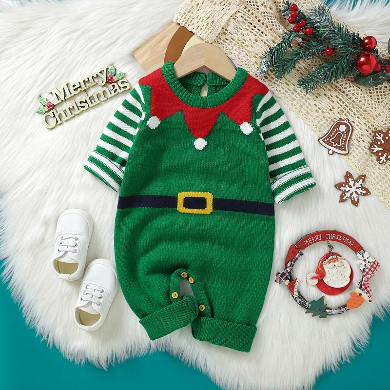 Christmas Infant Baby Knit Jumpsuit Belt&Stripe Print Long Sleeve Round Neck Romper Festival Clothes
