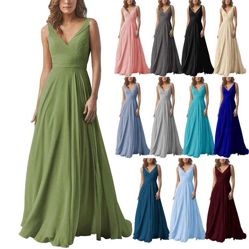 

Romantic Long Bridesmaid Wedding Dress with Pleated Top A-Line Chiffon vestido madrinha de casamento longo