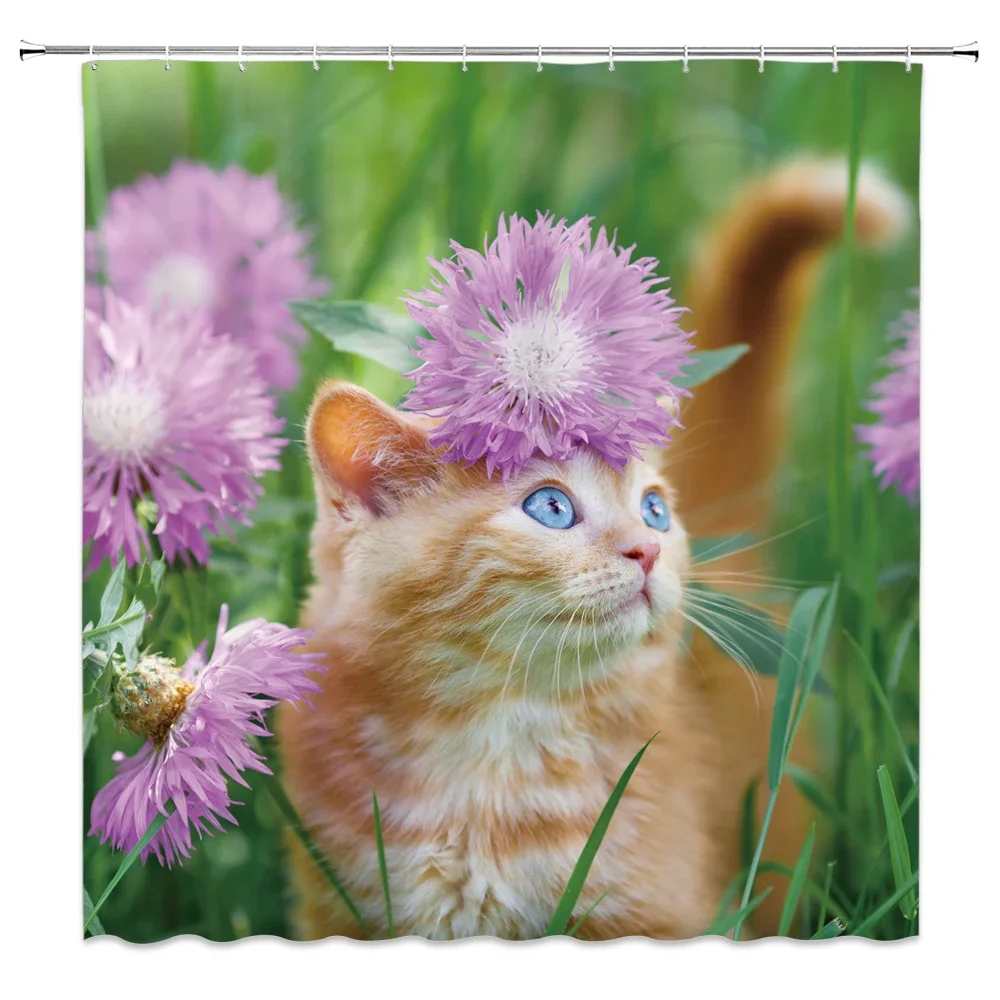 thumbnail image 1 of Cortina de ducha de animales divertida, decoración, lindo Gato, hogar, baño, conjunto de tela de baño de poliéster, gancho para cordón, 1 of 5