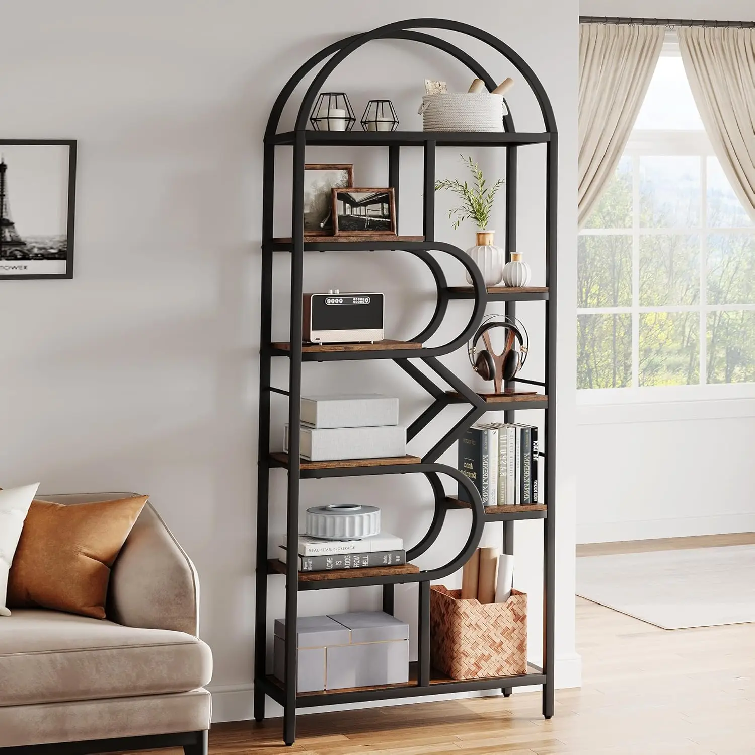 6-stufiges offenes Bücherregal, 206 cm hoch, geschwungenes Bücherregal, offenes Aufbewahrungsregal, freistehendes Präsentationsregal für Büro, Schlafzimmer, Wohnzimmer – Detail 2