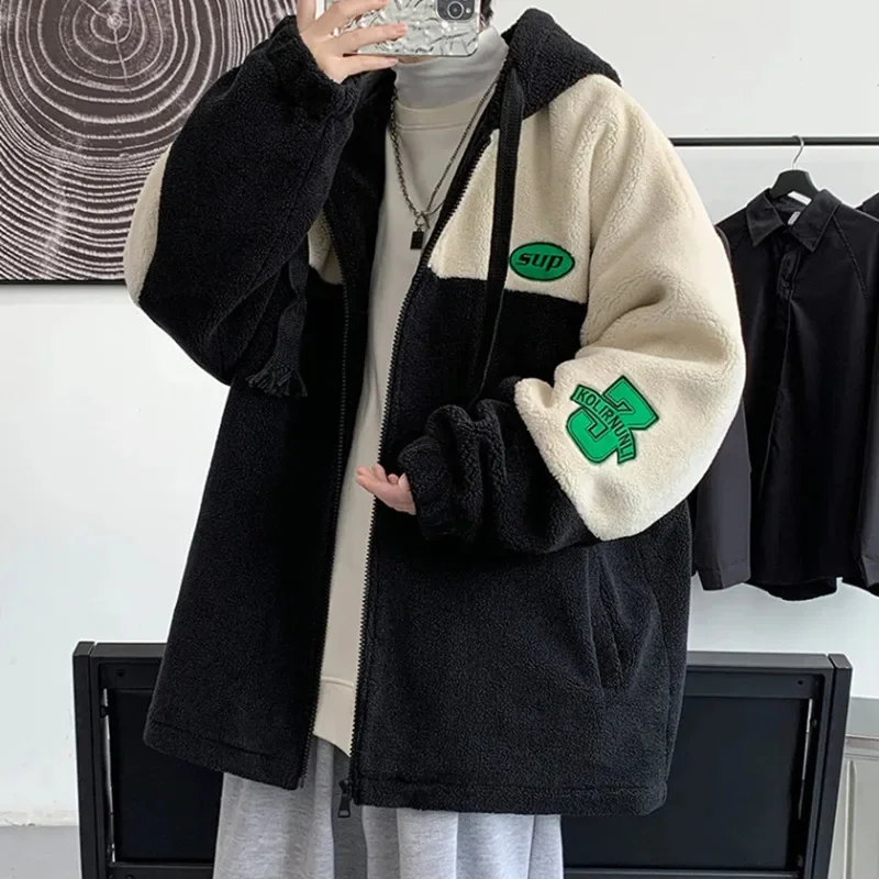 

Men's Fleece Lamb Wool Coat Autumn Winter Thickened Hooded Cotton Jacket Zipper Long Sleeves Letter Pockets Tops