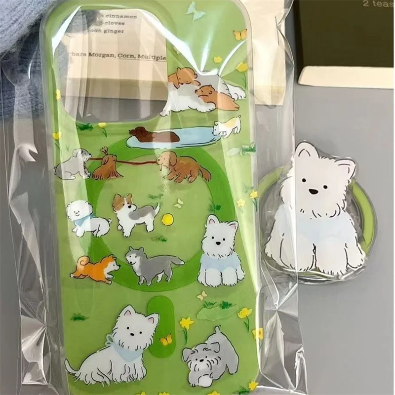 Magnetische IND-Handyhülle mit grünem Grasland und gelber Blume und weißer Hund, magnetische Halterung für iPhone 11, 12, 13, 14, 15, 16 Pro max