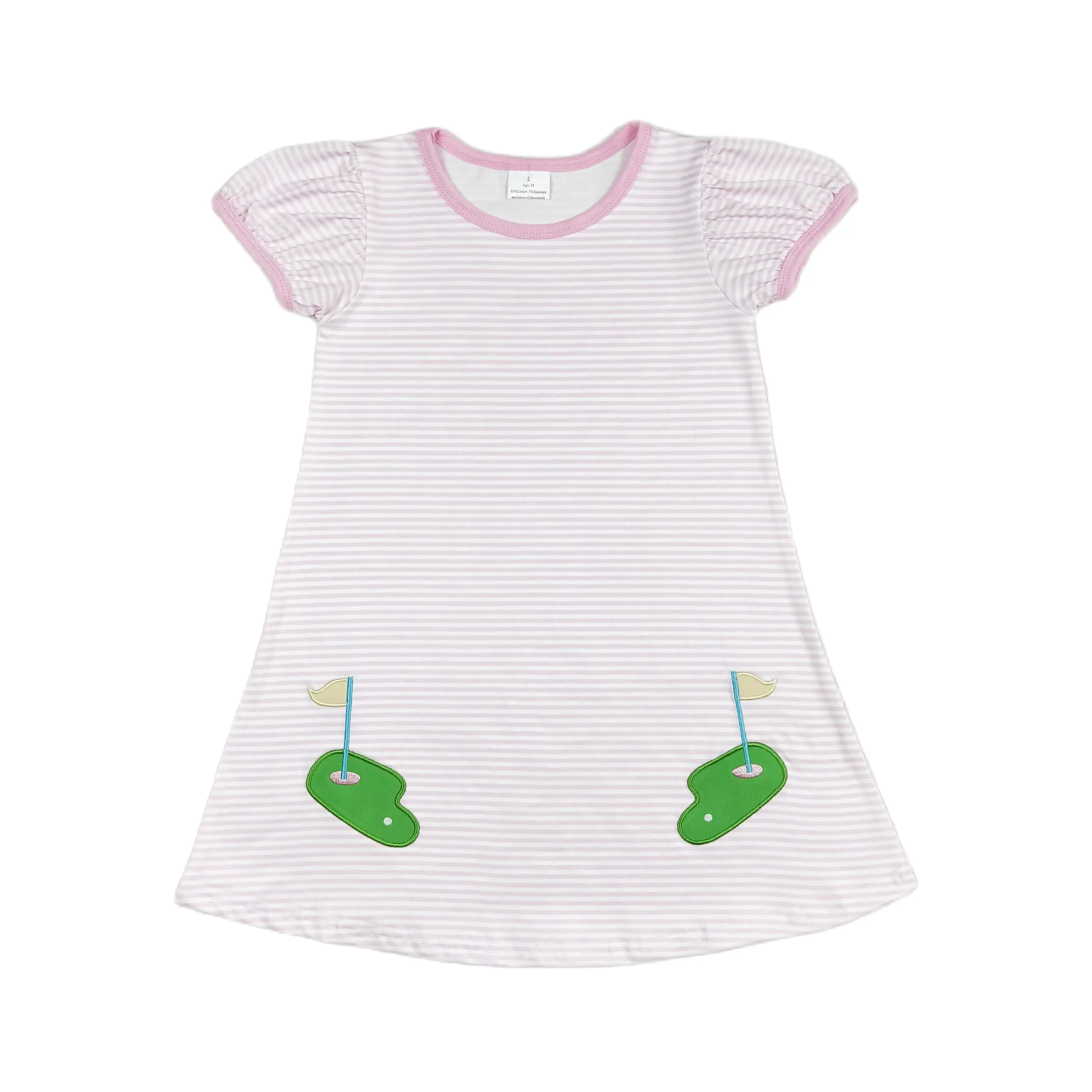 

Wholesale Baby Girl Summer Embroidery Golf Stripes Clothes Knee Length Kid Pink Plaid Dress Children Toddler Suspender