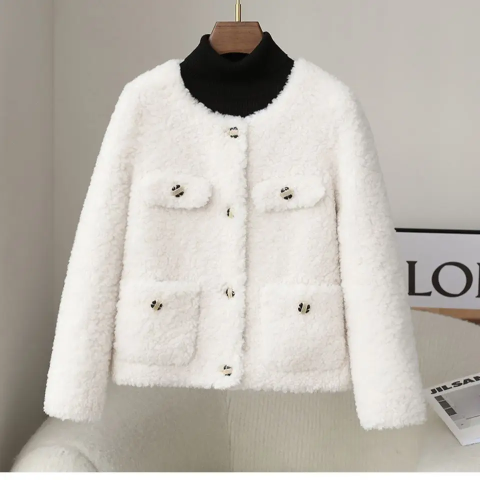 

Women Casual Fashion Lamb Real Fur Overcoat Natural Loose Outerwear Female Winter Thicken Warm Sheep Shearing Fur Jacket F04