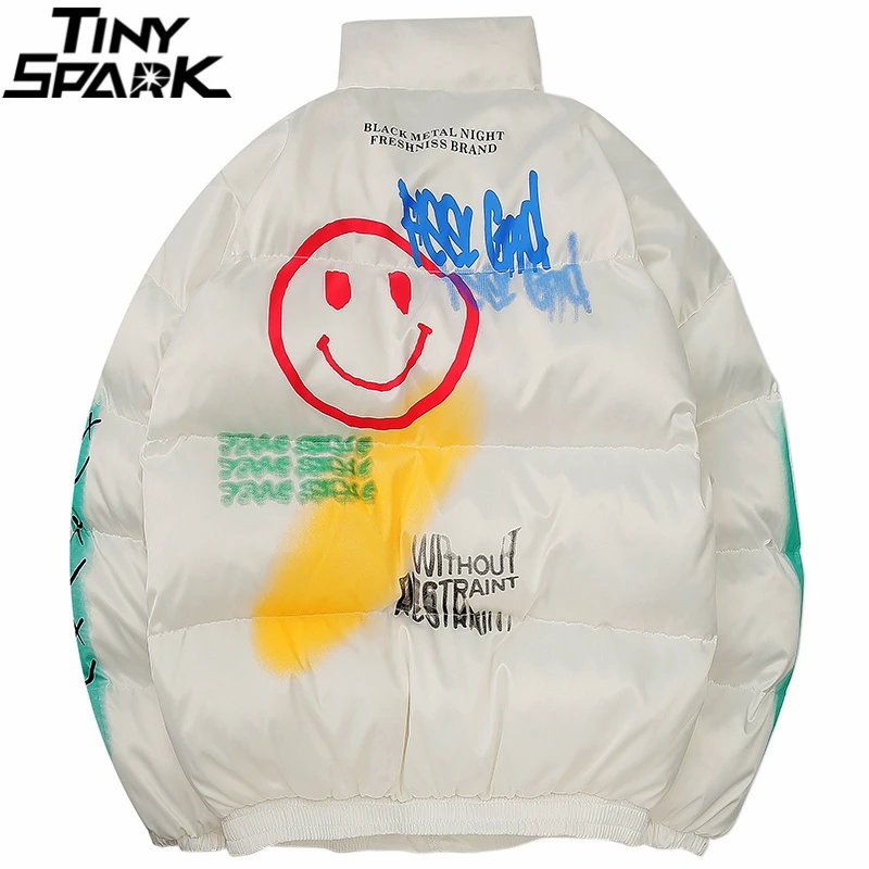 2024 Hip Hop Jacket Parka Happy Graffiti Print Men Windbreaker Streetwear Harajuku Winter Padded Jacket Coat Warm Outwear Thick 3