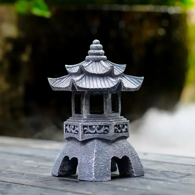Chinese Creative Charging Solar Lantern, Resin Imitation Stone Pagoda, Interior Landscape, Night Lantern, Home Decor, 34 cm, 1Pc